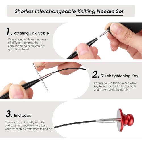 Image of Guclud Interchangeable Circular Knitting Needle Set, 2-Inch Shorties Knitting Needles for Short Sock Knitting, Sizes US 2.5, 3, 4, 5, 6, 7, 8, 9, 10 with Small Cables, Accessories and Case, 9-Pairs