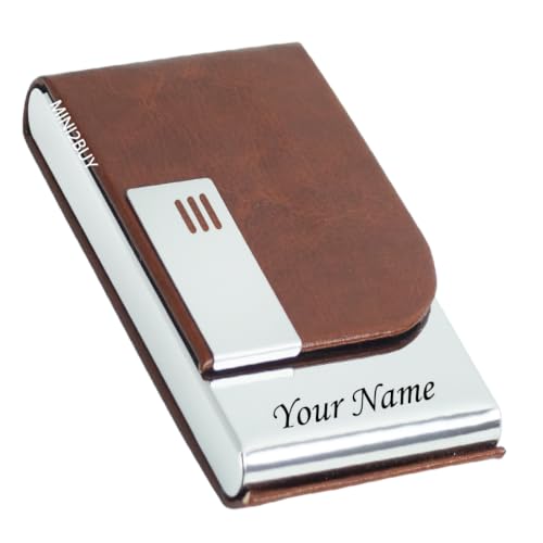 Stainless Steel Customized/Personalized Your Name Vertical Pocket case Magnetic Shut Men Women 15-20 Business Visiting Card 5-8 Bank Cards RFID Blocking Corporate Gift Home Office (Brown)