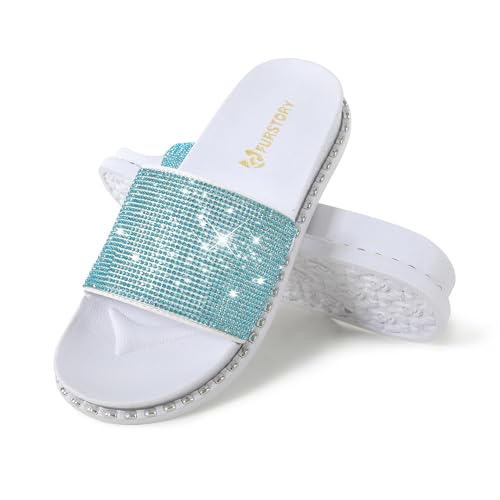Image of Fur Story Womens Slides House Slippers Rhinestone Glitter Slides Cute bling Flat for Women Platform Sandals Cozy Bedroom Slippers Shower Shoes