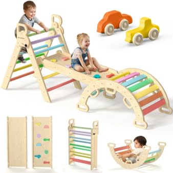 Image of BlueWood Pikler Triangle Set 7in1 Foldable Baby Climbing Toys Wooden Montessori Climbing Set with Arch&Ramp&Ladder Baby Climber Indoor Jungle Gyms for Toddlers Montessori Toys- Rainbow