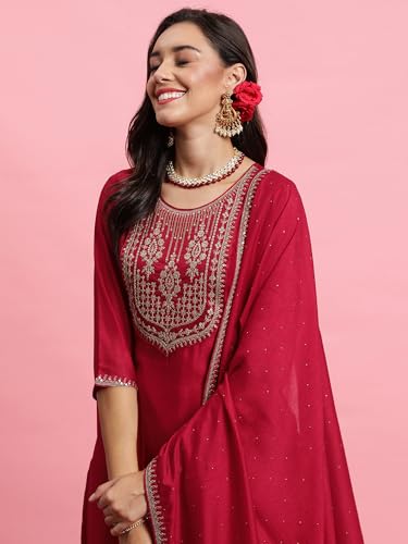 Image of INDO ERA Women's Embroidered Silk Blend Calf Length Straight Kurta Trouser with Dupatta Set (IEOUT7391)