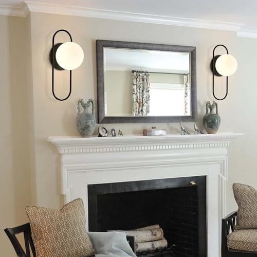 Image of Black Glass Globe Wall Sconce Set of Two Frosted Globe Wall Light Mid Century Modern Wall Sconce Oval Wall Lamp for Bedroom Bedside Bathroom