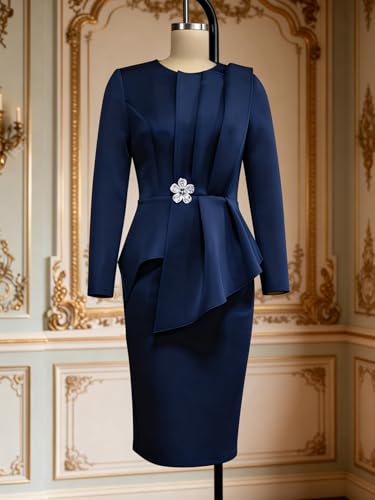 Image of ONTINVA Irregular Business Dress for Women's Outfits Ruffled Peplum Tops Floral Applique Formal Pencil Dresses