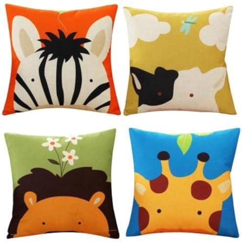 ADAKEL 4 Pack Animal Cushion Covers Childrens Cushions Cartoon Throw Pillow Covers Kids Pillow Case Cover for Bedroom Home Decor,18 x 18 Inch