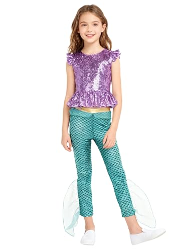 Yruioon Conjunto De Ropa De Niña Sirena Tops Pantalones Leggins Metálicos Pantalones Halloween Carnaval Fiestas Traje De Baile B Verde Lavanda y Menta 15-16 años