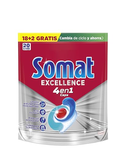 Somat Excellence 4 en 1 Caps, 20 Unidades, Detergente Lavavajillas de Disolución Rápida, Pastillas del Lavavajillas, Limpieza y Brillo Radiantes