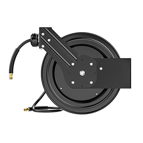 Y-Asqa Air Hose Reel Retractable Industrial 3/8" X 50' Pvc Air Hose, Auto Rewind Air Tool Hose Reel, 300Psi Heavy Duty Steel Reel (Black) #TOP1