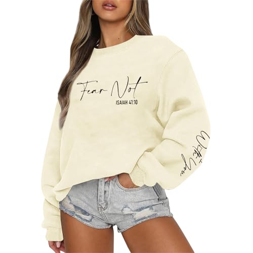 KEEVICI Christian Jesus Faith Sweatshirts for Women Religious Bible Verse God Sweatshirt Graphic Inspirational Cotton Hoodies(Apricot L)