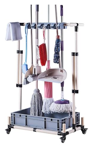 Carrito de herramientas de limpieza de pie con soporte para escoba y fregona para almacenamiento organizado en varios entornos