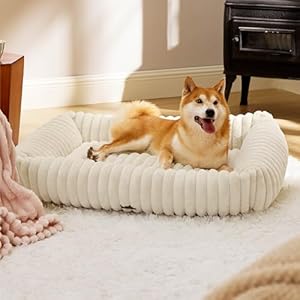 Bedsure Cute Dog Beds Large Sized Dog – Washable Furry Pet Beds, Rectangle Orthopedic Corduroy Fleece Puppy Beds with Removable Zipper Cover, 36x27x8inches, Cream