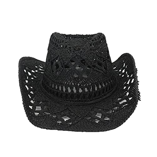 Straw Cowboy Hat For Women Hand Weave Breathable Hollow Cowgirl Hat Summer Foldable Beach Cap Simple Solid Color Purple #TOP5