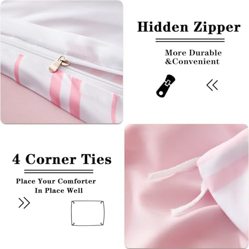 Image of Duvet Cover Twin Size White Pink Hearts Striped Reversible Comforter Cover Kids Girls Soft Microfiber Bedding Set with Zipper Closure and Pillow Sham