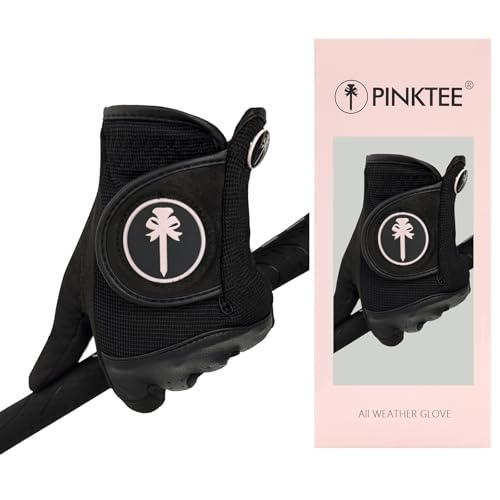 CROWNBLANKS PINKTEE Women's RainGrip Golf Glove Left Hand All Weather Ladies Soft Golf Gloves with Marker for Hot Wet Weather (Blackpink, Small)