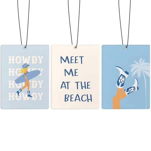 Image of Cute Blue Coastal Cowgirl Car Air Freshener, Preppy Blue Coastal Summer Beach Air Freshener Hanging 3 Pcs for Cars Closet Drawer or Books, Western Beach Car Accessories Mirror Decor for Women