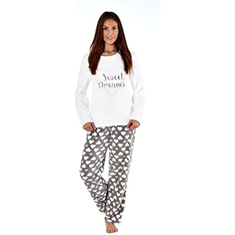 Ladies Cosy Lounge Pyjamas With Printed Pants And Embroidered Motif Topp Long Pyjamas Pyjama Set Cream 12-14 Cover