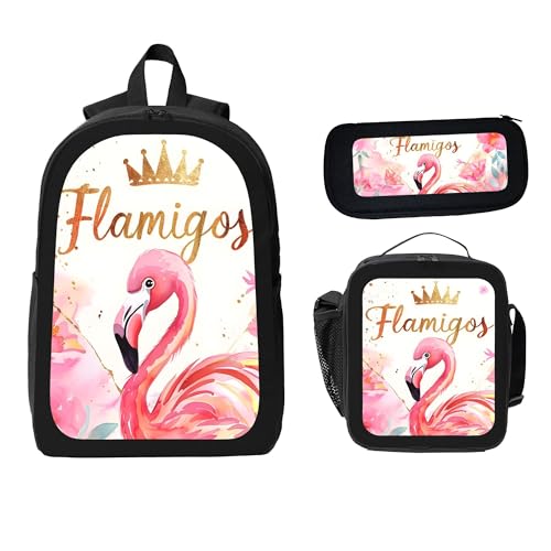 Cute Pink Flamingo 3 Pcs 17 Inches Backpack Set with Insulated Lunch Bag And Pencil Pouch Large Back Pack for Men Women Lunchbox Pencil Case Waterproof Backpacks Lunch Box 3 Piece Daypacks2