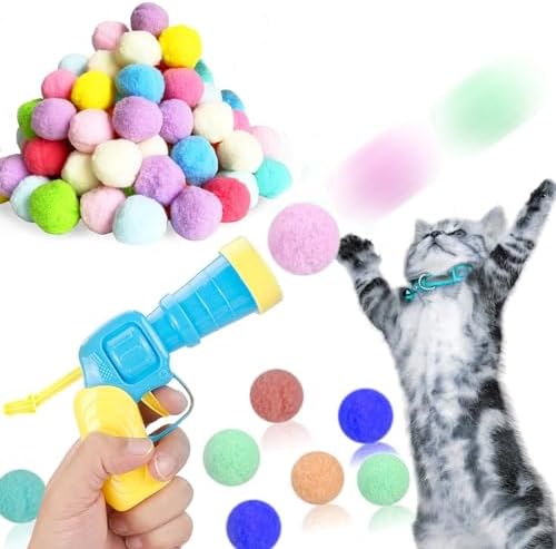 XINSUO Cat Toy Ball Launcher, Plush Ball Interactive Cat Toy, Silent Cat Toy, Balls and Launcher Set for Cats, Creative Balls and Launcher Set for Pets (100 Balls + 1 Shooting Gun)
