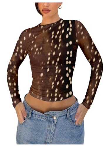 RoseSeek Womens Deer Print Crop Tops Mock Neck Long Sleeve T Shirts Slim Fit Tops Western Outfits Brown Large