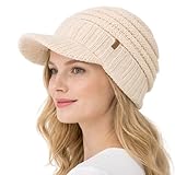 TOP-EX Winter Waterproof Fleece Lined Visor Beanie with Brim for Women Snow Cold Weather Warm Fashion Knit Stylish Outdoor Big Head Beige Medium