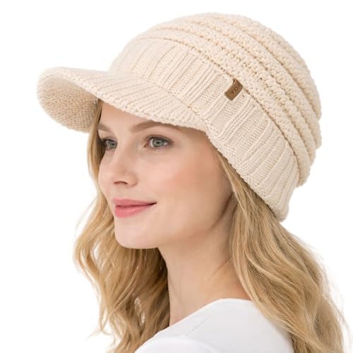 Top-Ex Winter Waterproof Fleece Lined Visor Beanie With Brim For Women Snow Cold Weather Warm Fashion Knit Stylish Outdoor Big Head Beige Medium