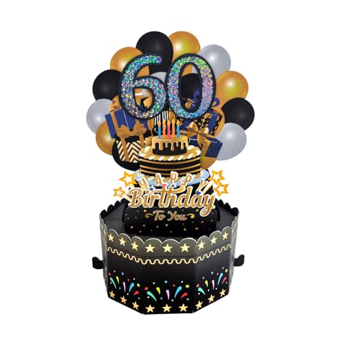 Black Gold 3D Pop Up Happy Birthday 60 Ages Greeting Cards Suprise Balloon Box with Envelope for Men Dad