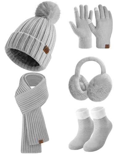 heekpek Mütze Schal Handschuhe Ohrenschützer und Socken Set Damen 5 Stücke Warme Wintermütze Winterschal Strick Winterzubehör Winterset 5 in 1, Grau