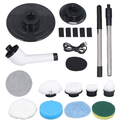 Electric Handheld Brush Adjustable Extension Handle Powerful Efficient Spin Scrubber Bathroom Kitchen (White)