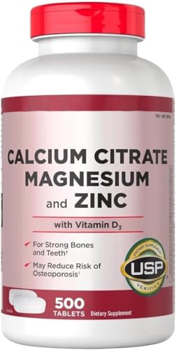 Calcium Citrate 500mg with Magnesium Zinc and Vitamin D3 - Bone Strength & Immune Support Supplement - Supports Healthy Teeth & Muscle Contraction - USP Verified - 500 Tablets