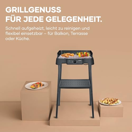 Severin Elektrogrill mit Standfuß, einstellbare Temperatur 35-200 Grad Celsius, schnelles Aufheizen, 38x22cm, Tischgrill mit Auffangschale, Edelstahl-Grillrost, Balkongrill, 2000W, schwarz, PG 8594 – Bild 4