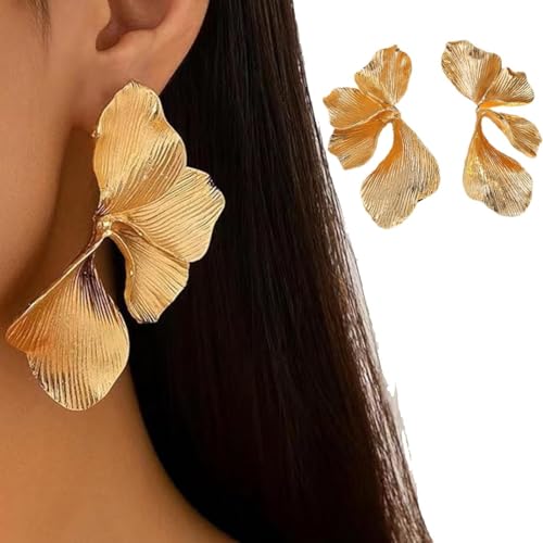 XENQITO 1 Paires Boucles D'oreilles Femme Fleur, Grosses Boucle D'oreilles Or, Élégant Earrings Fleurs en Forme D'éventail, Exquis Earrings Dorado en Métal Hypoallergénique Bijoux pour Filles