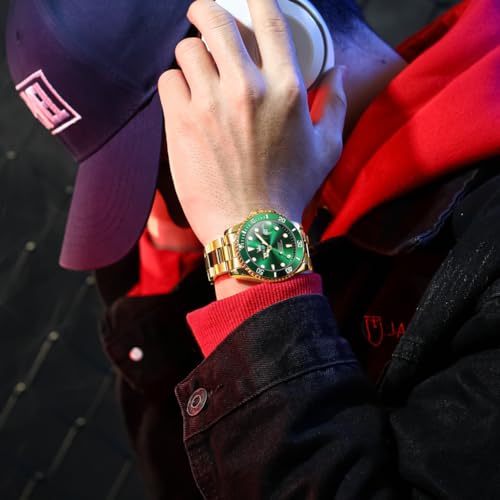 OLEVS Watch Men Gold Green Face Luxury Automatic Self Winding Analog Waterproof Wrist Watches for Men Casual Mechanical Luminous Stainless Steel Dress Mens Watches — view 3