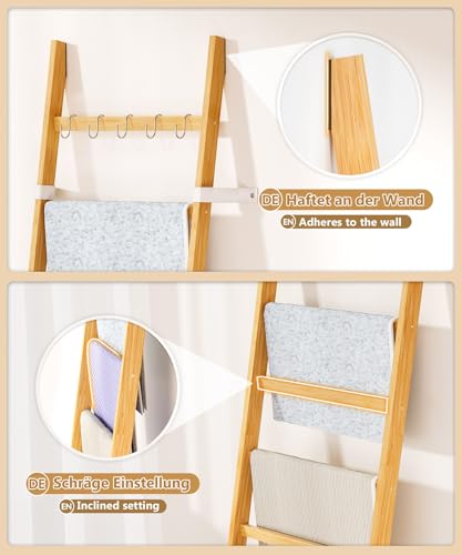 Yorbay Handtuchleiter Bambus 6 Sprossen: Kleiderleiter mit 2 Sturzsicherheitsriemen und 5 Haken - Deko Handtuchhalter Leiter für Badezimmer Schlafzimmer Pool HxB 170 x 60 cm (Bambus)