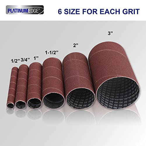 Platinumedge 18 Pieces Spindle Sander Sleeves, 6 Size Assorted With 80, 120, 240 Grit Sandpaper, 1/2", 3/4", 1", 1-1/2", 2", 3" Diameter, Made Of Premium Aluminum Oxide Abrasive Sanding Sleeve 18-Pack #TOP2