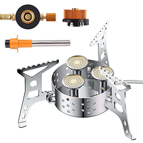 SisDruo Réchaud portable de randonnée 9000 W avec 3 brûleurs en cuivre résistant au vent ultraléger pour l'extérieur, les voyages, la randonnée, la cuisine (avec 1 adaptateur, 1 allumage piézo) Cover