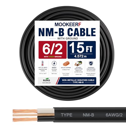 Image of 6 /2 Wire with Ground - 15FT 6 Gauge NM-B Non-Metallic Sheathed Cable 100% Pure Copper 6 AWG 2 Conductor Residential Indoor Wire for Outlets, Switches, Other Loads and Lighting Wiring Projects etc.