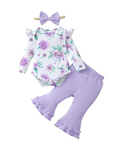 Image of SUNNY PIGGY Baby Girl Clothes Newborn Infant Outfits Ruffle Long Sleeve Romper Pants Set with Headband