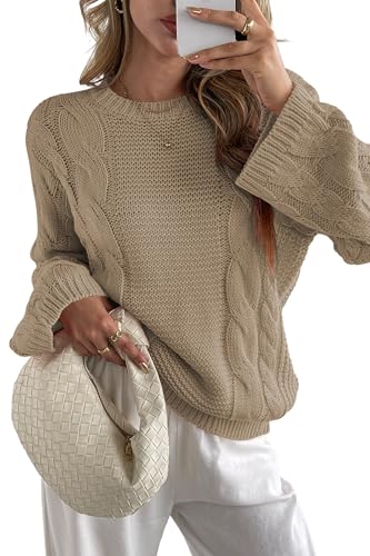 Cakulo Womens Oversized Pullover Sweaters Bell Sleeve Chunky Cable Knit Sweater Crewneck Trendy Knitted Tops 2025