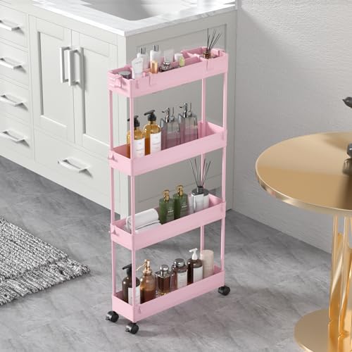 Image of SPACELEAD Slim Storage Cart 4 Tier,Bathroom Organizer Rolling Utility,Mobile Shelving Unit Slide Out for Office, Kitchen, Laundry Room & Narrow Places,Pink