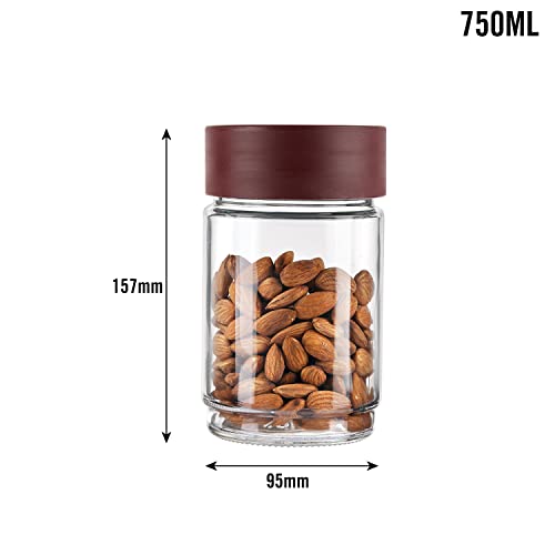 CELLO Modustack Glassy Storage Jar Set of 3 (750 ml x 3), Maroon | Glass Jar with Lid | Stackable | For Grains, Pulses, Spice, Cereals, Cookies, Dry Fruits | Fridge Storage Container