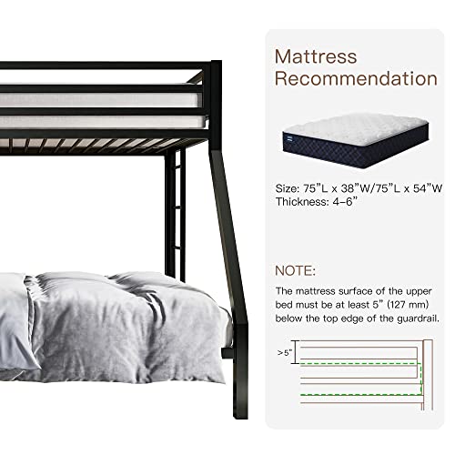 Ikalido Metal Bunk Bed, Twin Over Full Size Beds With Sturdy Guard Rail & Removable Ladder, Space-Saving/Noise-Free/Matte Black #TOP3