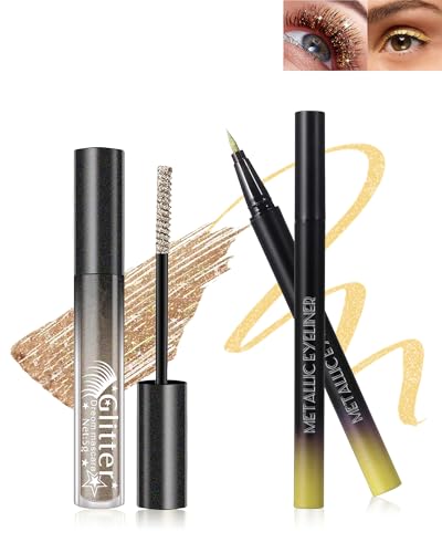 Set Máscara de Pestañas y Delineador de Ojos con Purpurina Dorado, Máscara Brillo de Diamante para Longitud Volumen, Eyeliner Metálica Ultrafina, Waterproof de Duración, Maquillaje para Fiesta Cosplay