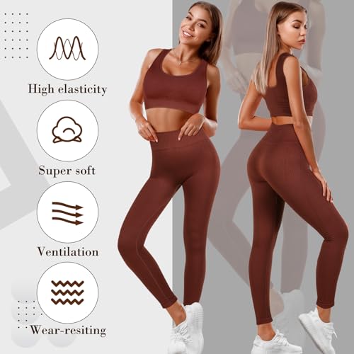 4 Pcs Workout Outfits for Women, Pilates Ribbed Workout Set Sports Crop Tank Yoga Shorts Exercise Leggings Gym Set2