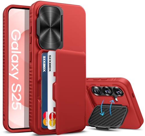 Image of for Samsung Galaxy S25 Case with Card Holder, Built-in Stand & Camera Lens Cover, Shockproof Rugged Silicone Raised Edge Protective Wallet Protective Phone Case for Samsung S25 5G 2025, Red