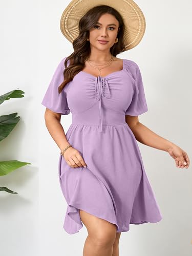 Image of RWJ Women Plus Size Summer Dress Short Sleeve Tie Front Sweetheart Neck Casual Mini Wedding Guest Dresses 2025