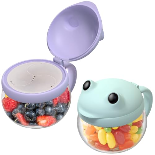 Image of BeneLabel 2 Pack 12.3 Oz Snack Cups for Toddlers Spill Proof Food Grade Tritan Baby Snack Container with Cute Frog Lid and Handle PVC Free Kids Snack Catcher Fit for On-the-Go (Green & Purple)