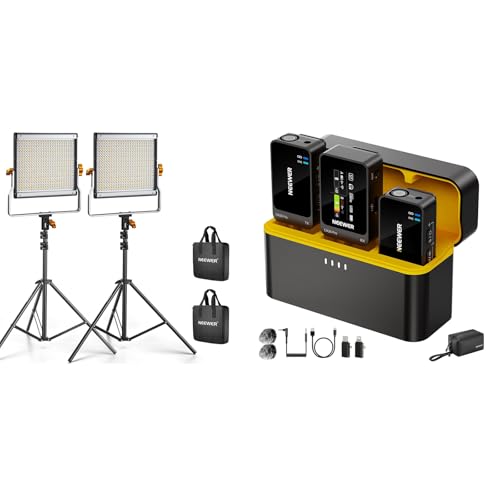 Image of NEEWER 2 Pack Bi Color LED Video Light Kit + CM26 Pro AI Wireless Microphone for iPhone Android Phone Camera PC, 50H Battery 100m Range, Panel with 75 inch Tripod Stand Photography Streaming Key Lighting