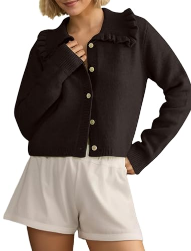Image of HOCANDY Women Ruffle Collar Cardigan Sweater Preppy Cute Button Up Sweaters