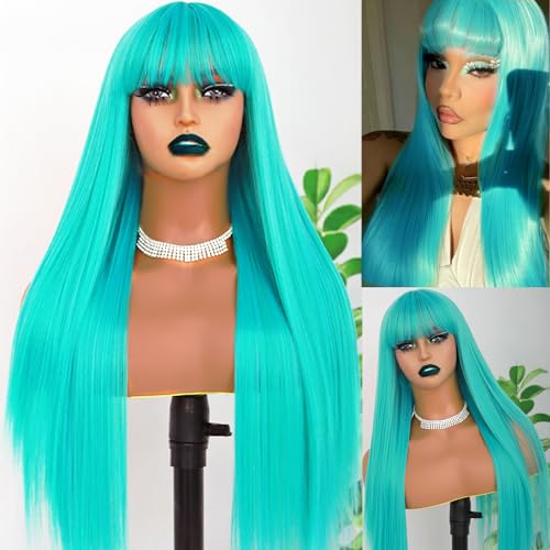 Fugady Teal Straight Wig With Bangs Long Turquoise Wig 200 Density Glueless Heat Resistant Synthetic Fiber Lake Blue Wig Colorful Hair Replacement Wigs For Women Cosplay Party Use 26 inches
