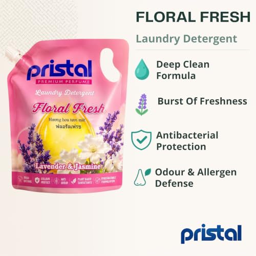 Image of Pristal Floral Fresh Liquid Detergent 2L Refill | Plant-Based, Tough on Stains, Long-Lasting Lavender & Jasmine Scent, Brightens Clothes, Chemical-Free, Eco-Friendly