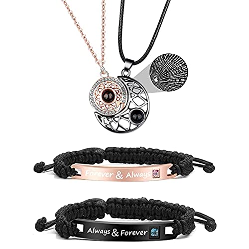 4Pcs Couples Bracelets Necklace Set for Women Men I Love You Necklace 100 Languages Matching Bracelets Necklace for Couples Her King His Queen Bracelet Necklaces for Valentines Jewelry Gift